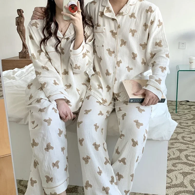 Sleepwear Couple Suits Autumn Thin Korea Home Simple Cozy Leisurely Slim Loose Fit Casual Breathable High Quality Cool Cartoon