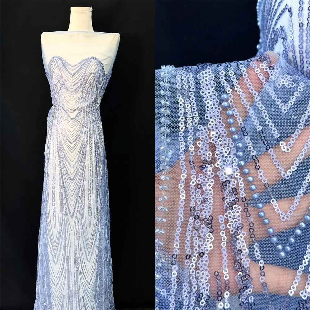 

Nigeria tulle Lace Fabric Bridal French Mesh Laces fabrics with beads and sequins 5 Yards Slight Stretch STW25060902-905
