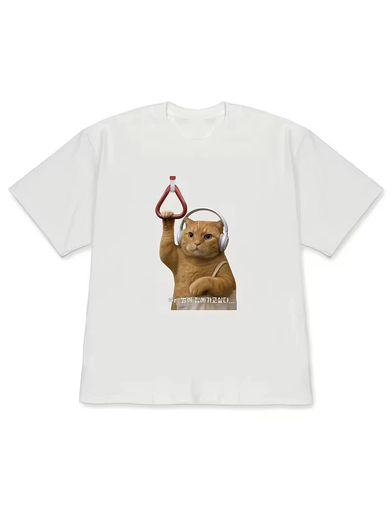 2026 Funny Meme Hamster with Headphone Print T-Shirt Korean Cute Loose Oversized Short Sleeve Casual Stre