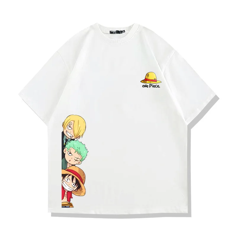 Bandai One Piece Cotton Men's T-Shirt Luffy Zoro Sanji Print Casual Oversized Crew Neck Short Sleeve Summer Anime Graphic Tee