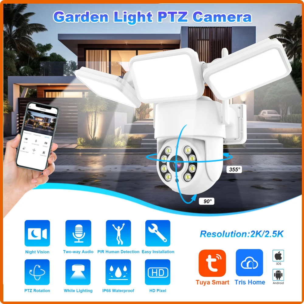 Garden Security Camera 4mp wireless WIFI PTZ Outdoor AI Humanoid Tracking Cameras CCTV Security Protection Floodlight Camera