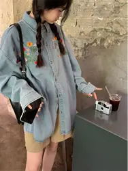 Retro Embroidered Denim Shirt Jacket Women's Loose Mid-Length Design Long Sleeve Trendy Top Cotton 100%  Collar Button