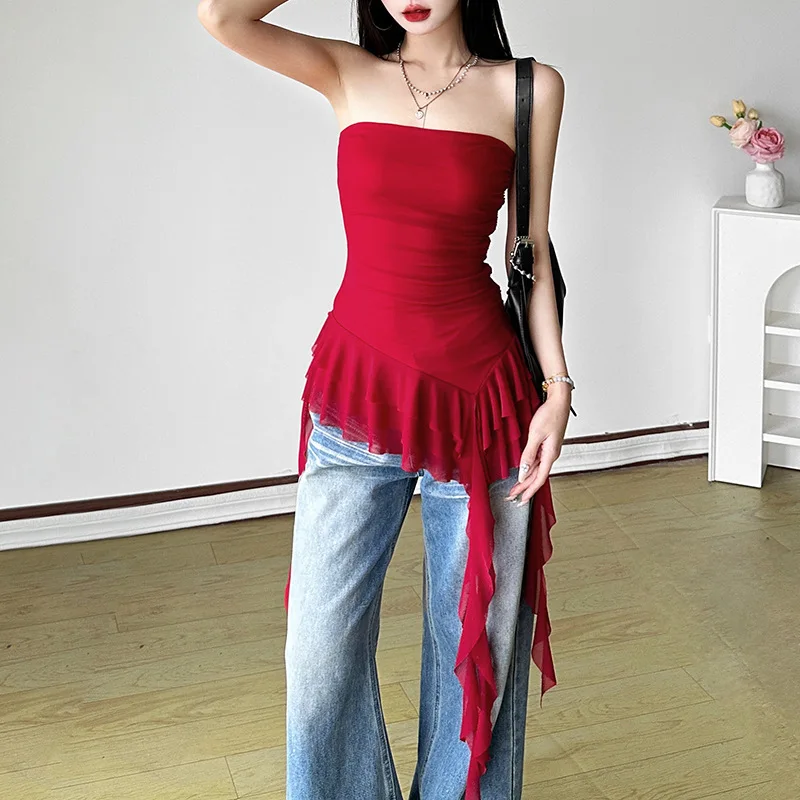 Lente 2025, nieuwe dames gebreide omslagborst, één schouder, onregelmatige golf, pure kleur, grensoverschrijdende sle, faionable top