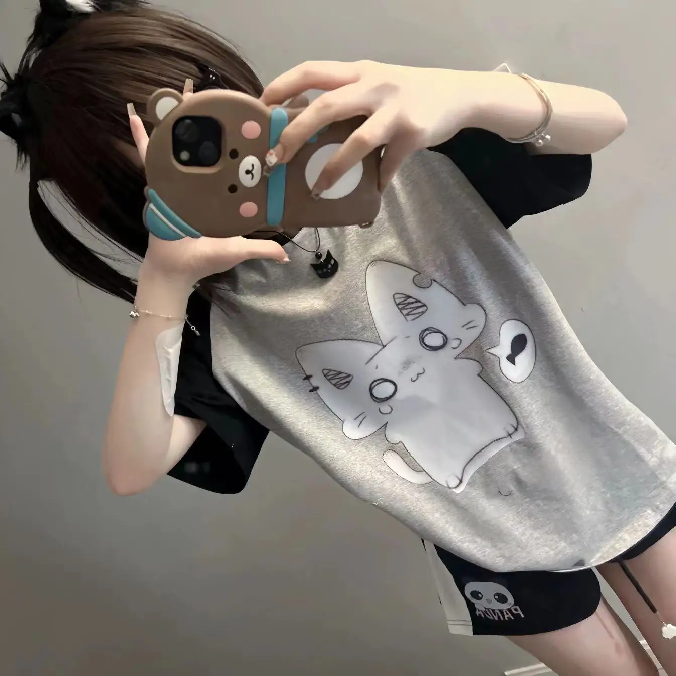 Short Sleeved Japanese Cute Summer New Style Black Color Matching Sub Cute Anime Short Sleeved T-shirt Top