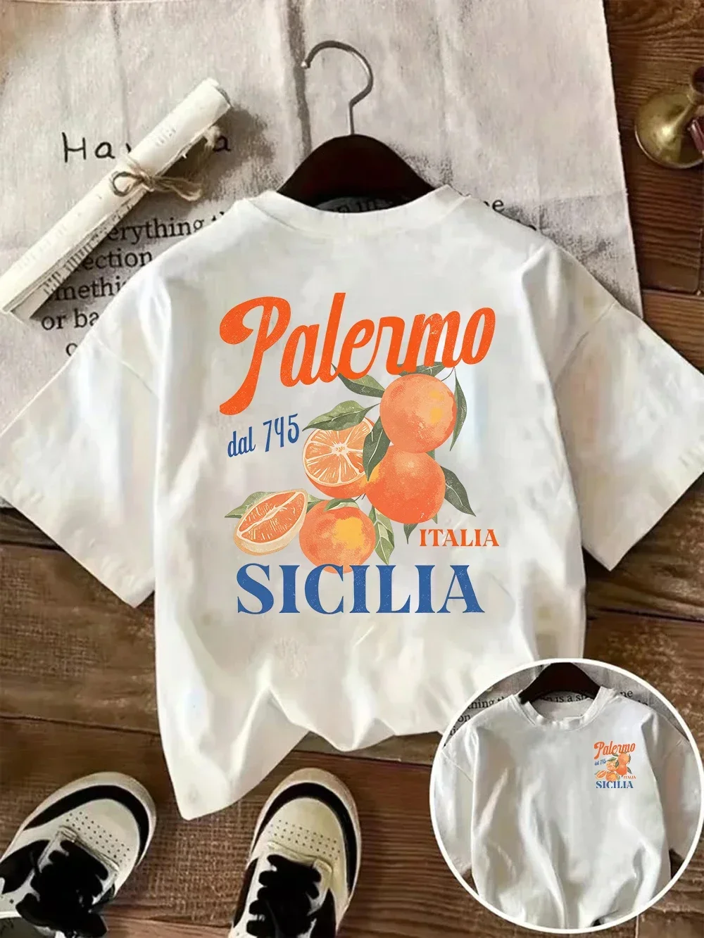 Camiseta Gráfica Vintage Palermo Sicilia, Camiseta Retro con Estampado de Frutas Italianas, Top Informal de Verano con Cuello Redondo, Ropa Urbana Moderna Unisex