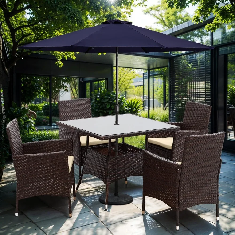 5-Piece Outdoor Dining Set, Wicker Patio Dining Set with Tempered Glass Tabletop and Umbrella Hole, Rattan Patio Chairs