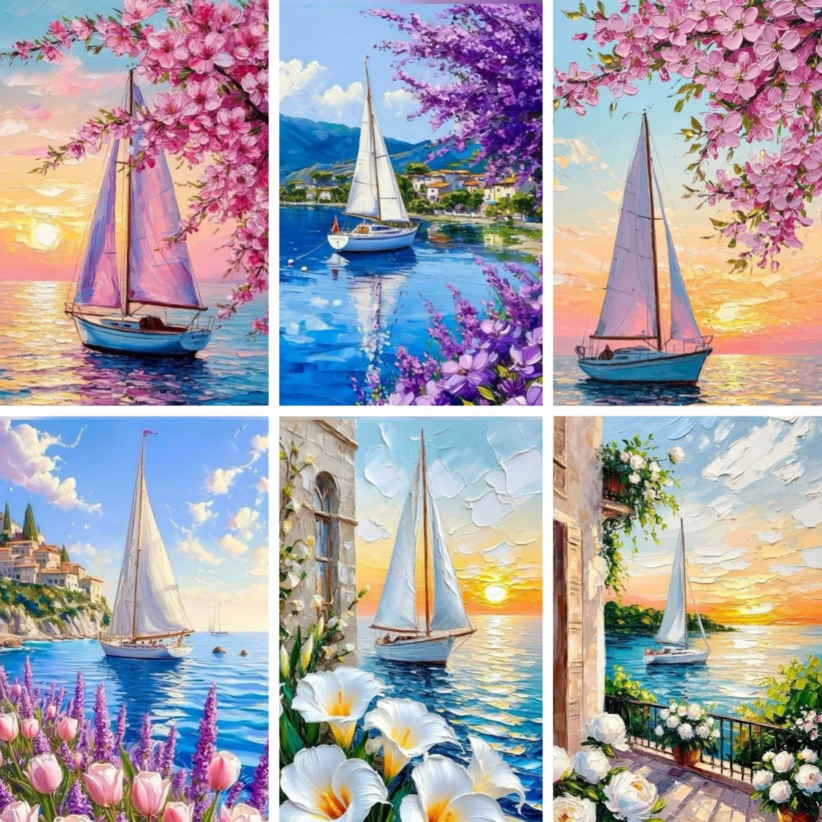 

5D DIY Diamond Painting Kits Full Drill Crafts Harbor Sailboats Blossom Coastal Art Diamond Picture Living Room Bedroom Decor