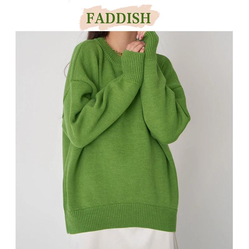 FADDISH-Women's Loose Round Neck Knitted Sweater Casual Pullovers Long Sleeve Tops, Monochromatic, Autumn, Winter Fashion 2025