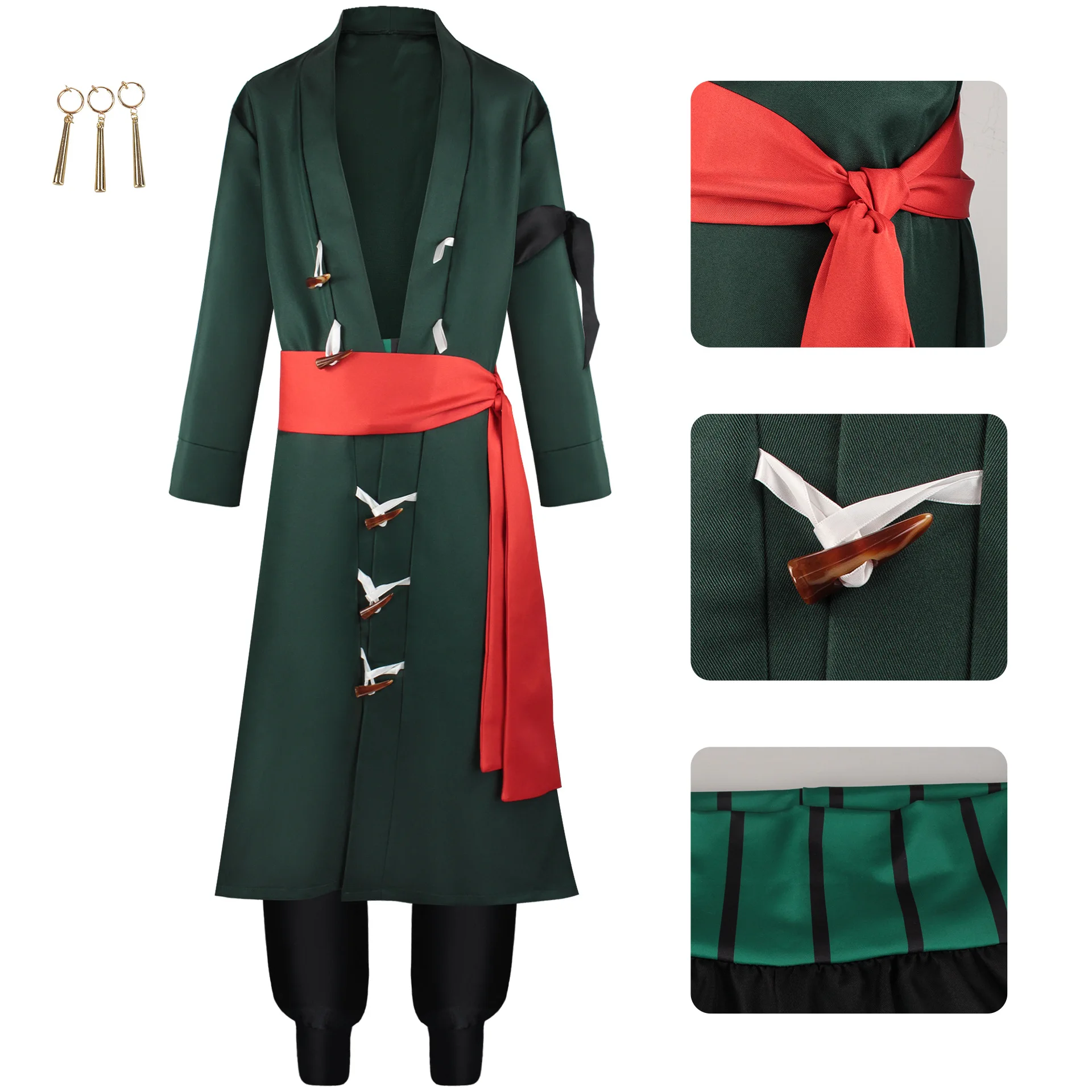 Anime Cosplay Traje para Homens, Uniforme Verde, Casaco, Cinto, Calças, Lenço de Cabeça, Peruca, Brincos, Roupas de Halloween