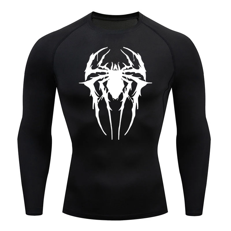 Spider Print Compression Shirts for Men Training Long Sleeve Rash Guard Gym Workout Tshirt Athletic Quick Dry Undershirts Tops