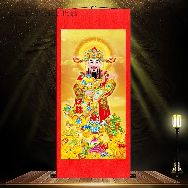 Customized Chinese Style Silk Cloth Fifth Road God of Wealth Hanging Painting, Living Room,office Scroll Mural Feng Shui  People