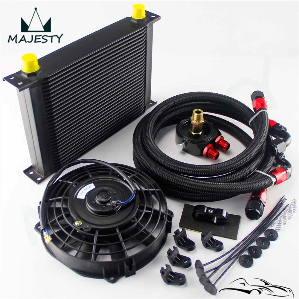 

Universal 28 Row 248mm AN10 Aluminum Oil Cooler kit British Type +7" Electric Fan Kit Black