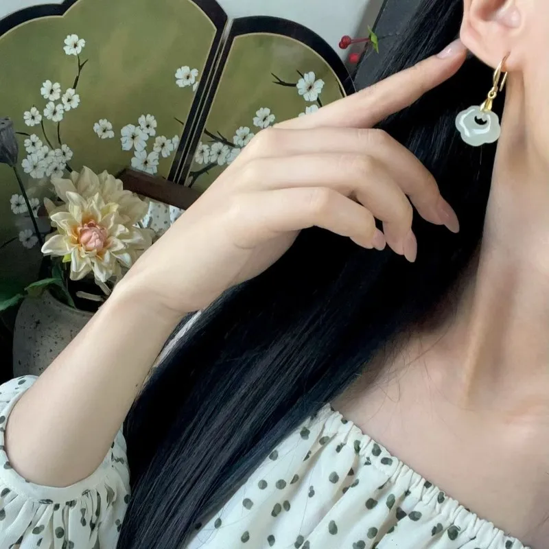 S925 Silver Inlaid With Natural Hetian Jade Peace Lock Ear Hook, Ancient Style Elegant Earrings