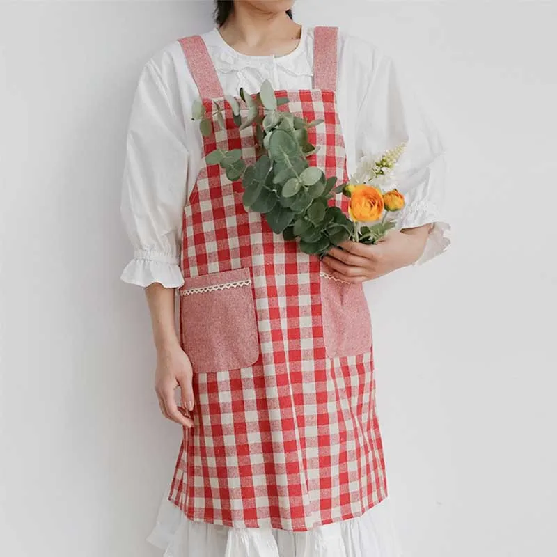 

Japanese Korean Plaid Cotton Kitchen Apron with Pockets for Women and Men Home Anti-dirty Pinafore for Cooking Cleaning Baking