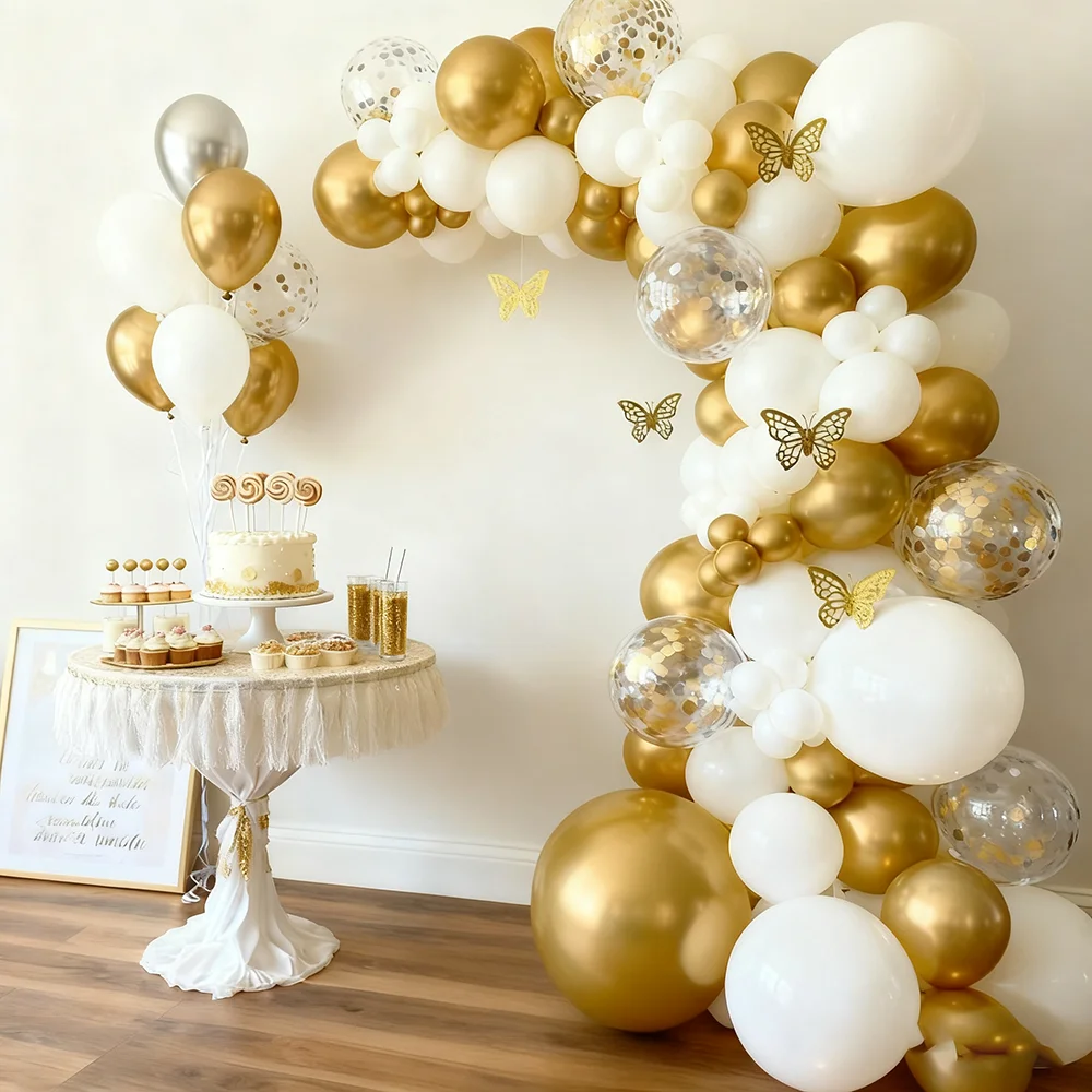 

﻿ 113Pcs/set White And Golden Balloons 3D Butterfly Silver Gold Confetti Balloons For Birthday Weddings Anniversary Party Decor