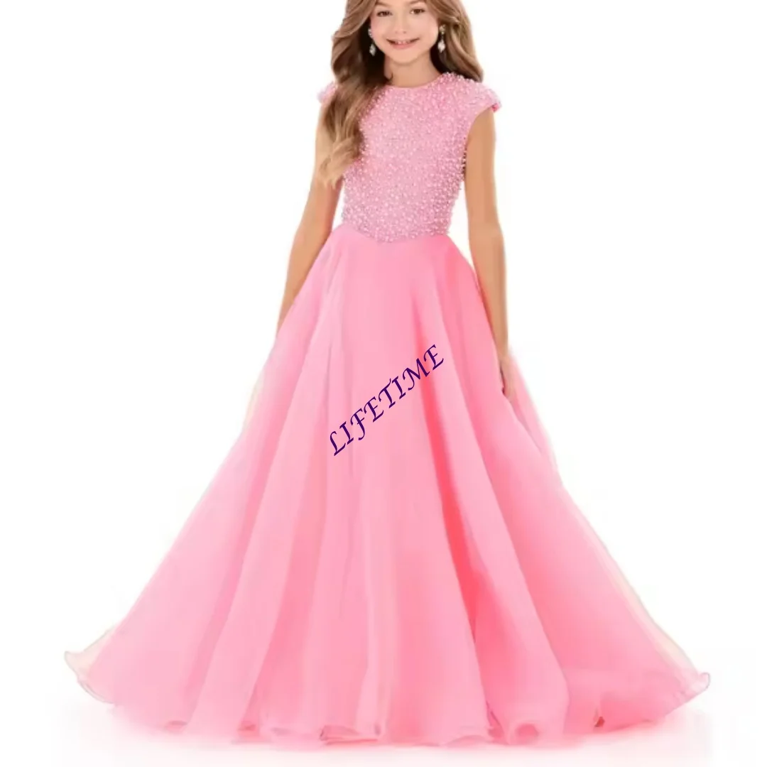Customized Fully Beaded Bodice Organza Pageant Dress Cap Sleeve for Flower Girl Wedding Kids Formal Party Birthday
