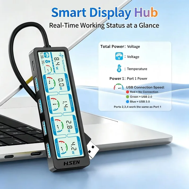 4 Port USB 3.0 Hub Real-time Digital Voltage Display USB Splitter Docking Station for MacBook Windows Laptop Notebook