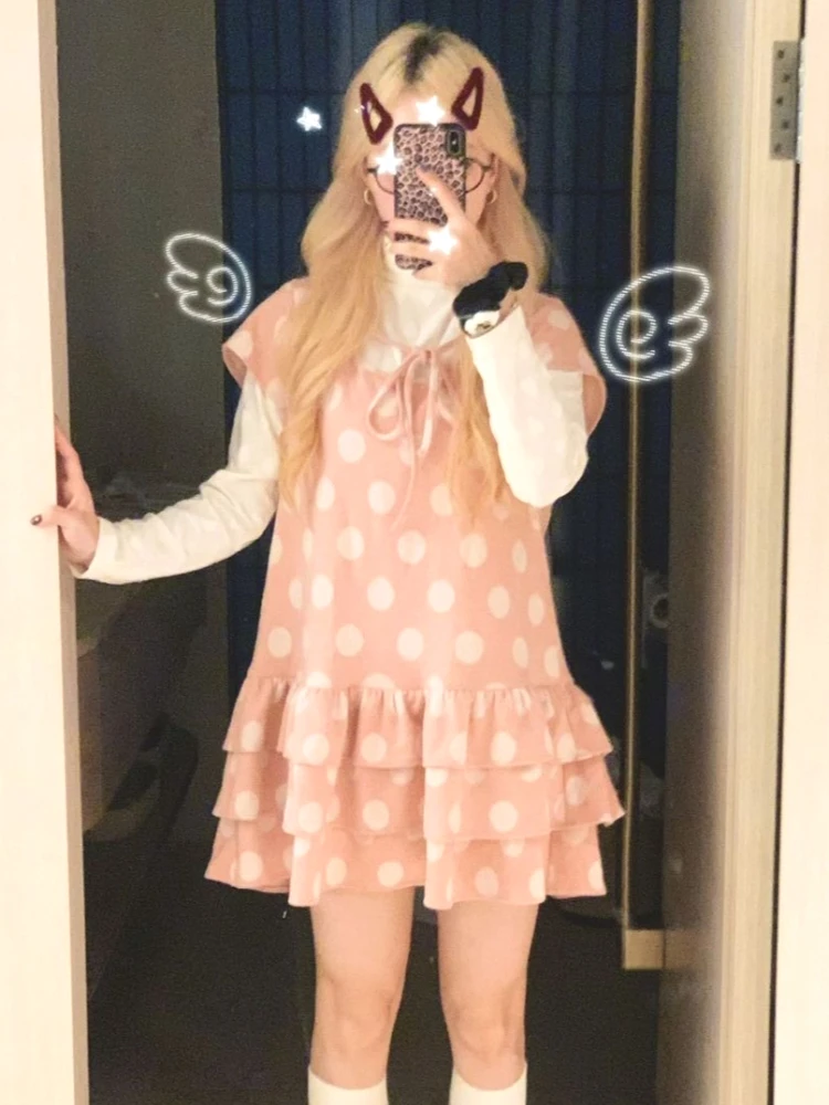 Japonia Y2K lata 2000 Uczennice Dziewczyny Słodka Różowa Sukienka w Kropki z Falbankami i Uroczy Dwuczęściowy Zestaw: Bluzka z Długim Rękawem i Sweter