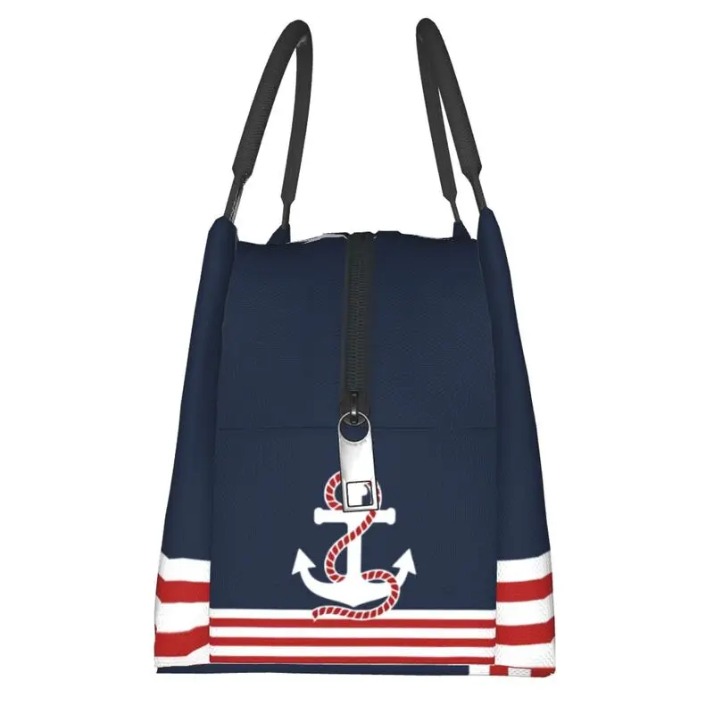 Nautical Red White Stripes Red Anchor Portable Lunch Box Multifunction Navy Navigation Thermal Cooler Food Insulated Lunch Bag