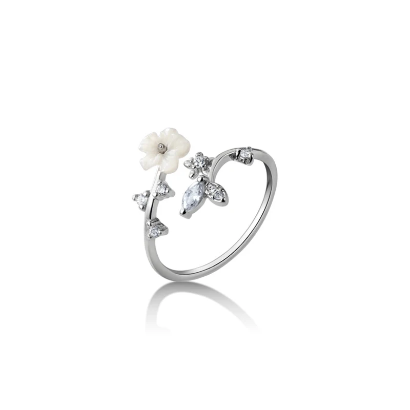 Modian New 925 Sterling Silver Radiant Zircon Leaves White Shell Flower Free Size Ring for Women Plant Ring Original Jewelry 5