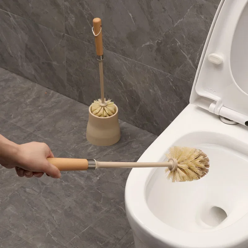 Beech Wood Handle Toilet Brush Set with Ceramic Base Natural Sisal Bristles Household Bathroom Cleaning Tool