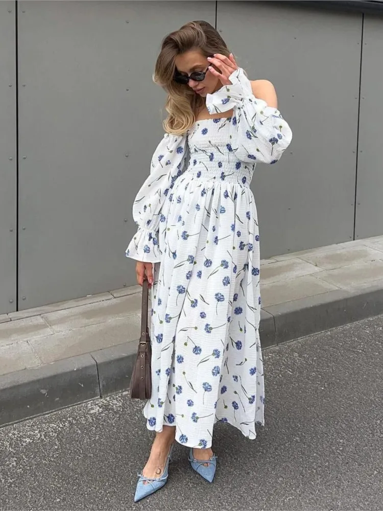 

Aoaiiys Slash Neck Long Dress Women Dresses Floral Printed Long Sleeve Off Shoulder Pleated High Waisted Fashion Female Dresses