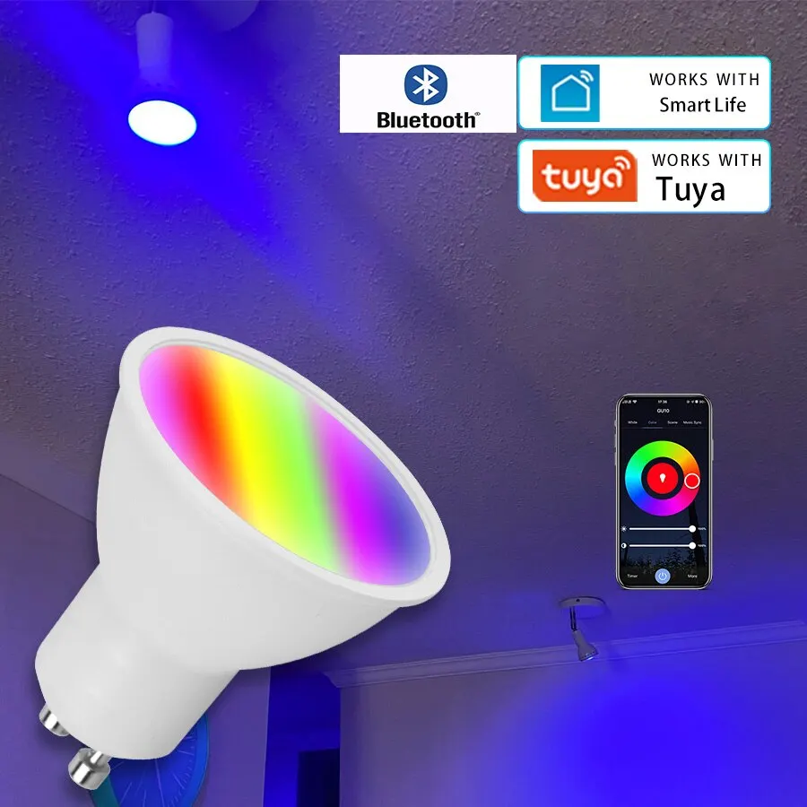 Lâmpada LED inteligente Tuya, Lâmpadas reguláveis, vida inteligente para o quarto, decoração de casa, Bluetooth, RGB, GU10, 220V, 5W