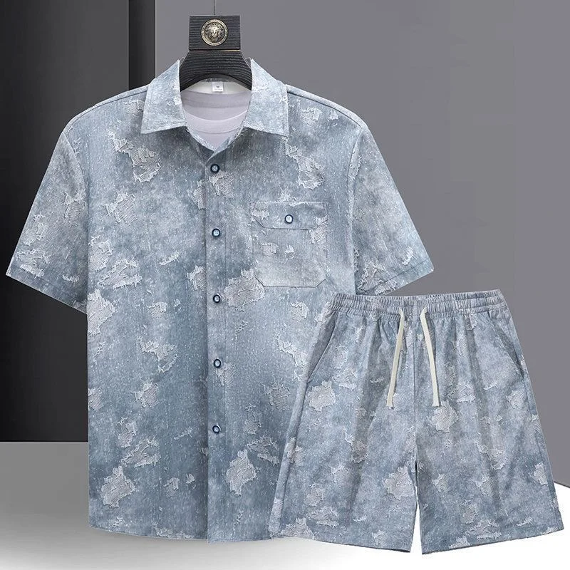 

Летний модный комплект: футболка с принтом и шорты для мужчин, повседневный свободный спортивный костюм высокого качества, большие размеры, комплект из двух предметов