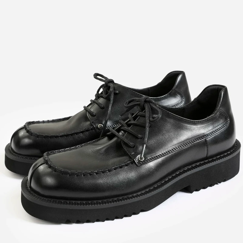 American Design Square Head Derby Shoes Men's Genuine Leather Casual Height-increasing Shoes Thick Soled Comfortable Dress Shoes