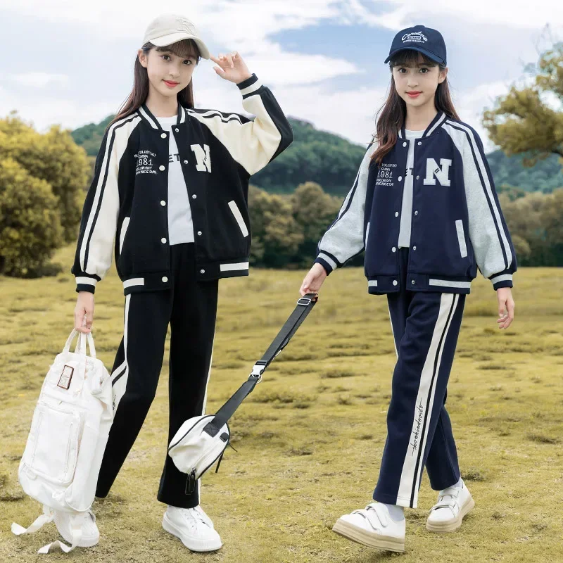 Korean Spring Autumn School Girl Baseball Suit Teenager Girl Contrast Striped Coat+Sweatpants Child Jogger Workout Set 5-14Yrs