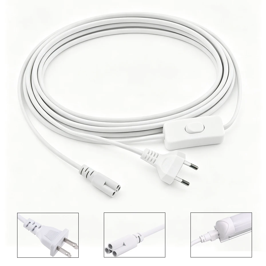 1.8m 180cm AC Power Supply Cord EU US Plug On-Off Switch 3Pin Extension Cords Cable Adapter Line For T8 T5 LED Tube Lamp