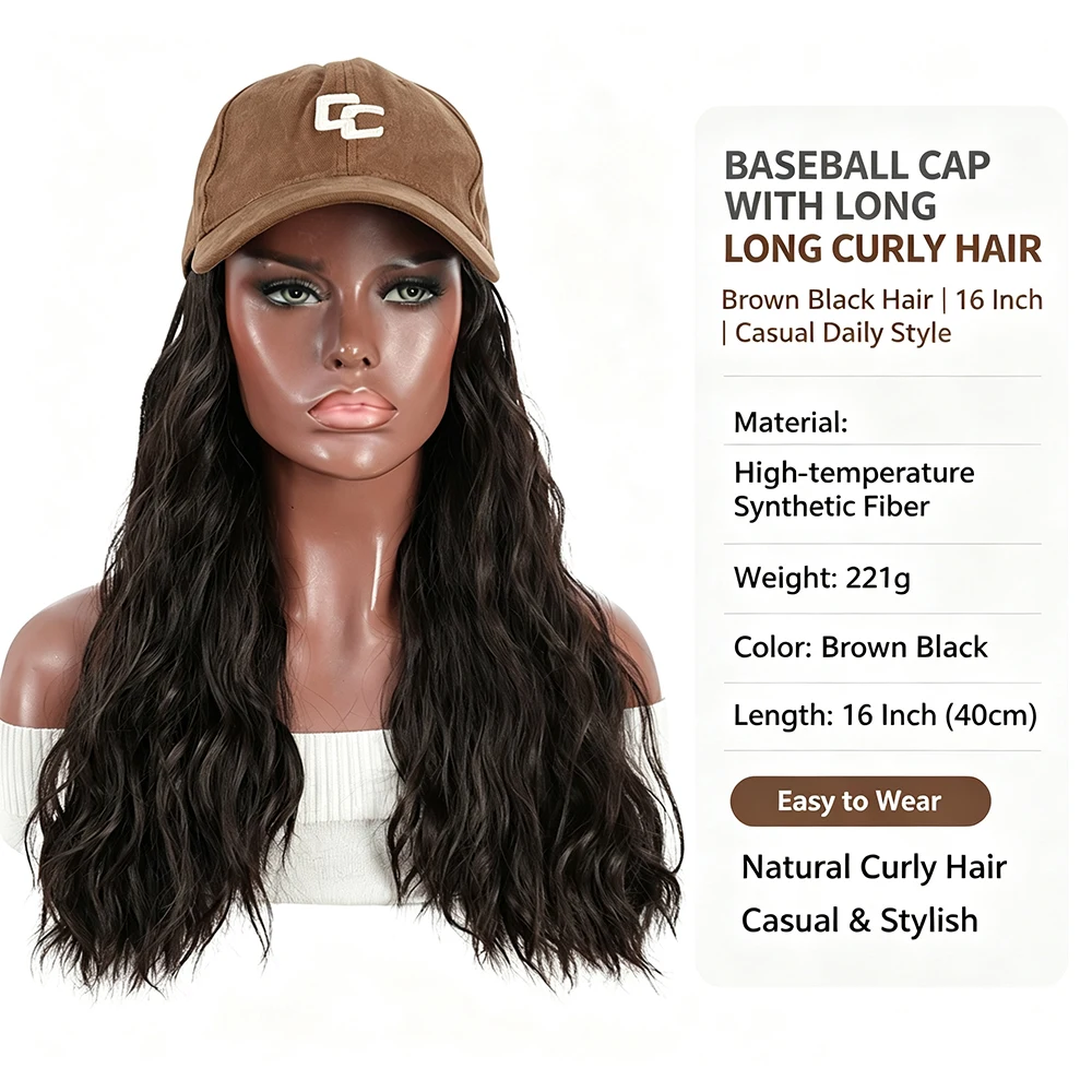 Women's Adjustable Curly Synthetic Wig Hat with Baseball Cap,Instant Water Wave Hair Extensions for Daily&Party ﻿