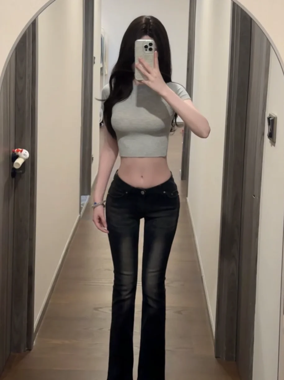 

Low Waist Slim Fit Bell Bot Jeans Women's Bla ey Waed Retro Sle Long Pants Comfortable Cotton Stretch Denim