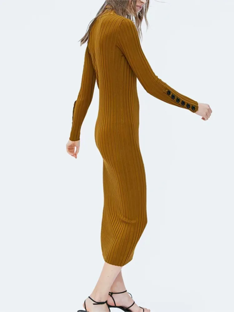Women Winter Casual Sheath Maxi Dress Vintage Long Sleeve Female Knitted Turtleneck Button Bodycon