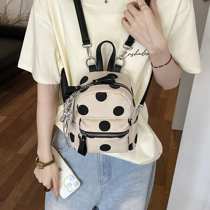 Y2K Kawaii Beige Black Polka Dot Mini Backpack Canvas Small Rucksack With Silver Star Pendant Girls Trendy  School Shoulder Bag - view 2