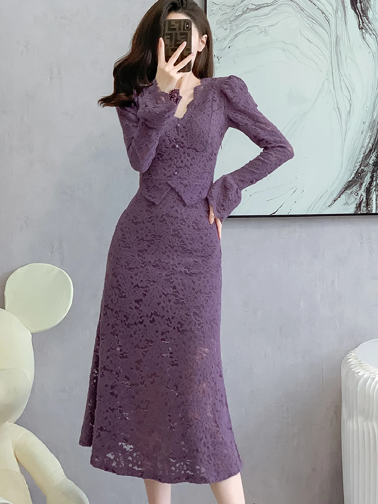 

Женское платье, новинка 2025, осеннее кружевное платье с длинными рукавами, женское искусственное платье из двух предметов, облегающее вечернее платье, Vestidos