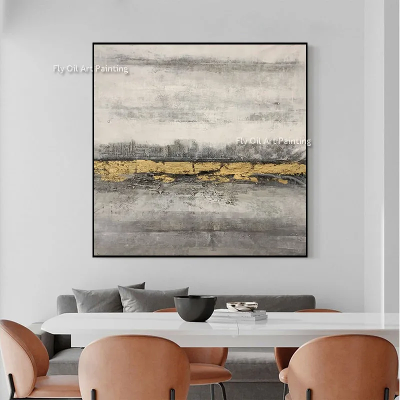 Grey Gold Horizon Wall Art, Luxury Gold Leaf Strip Abstract Canvas, Handmade Square Painting for Living Room Decoration