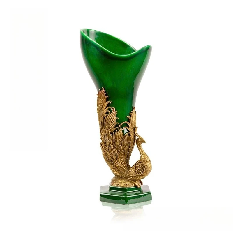 Green peacock vase ornament, flower arrangement in living room, high-end new Chinese entrance decoration
