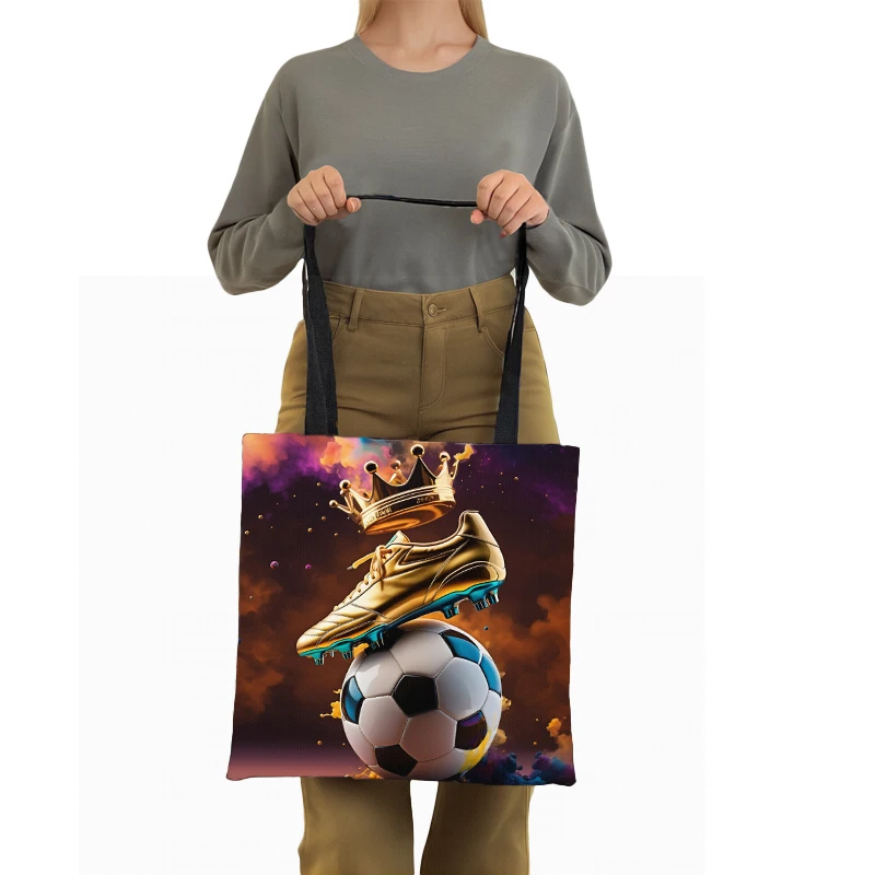 Cool Soccer with Golden Crown Shoulder Bag Football Pattern Totes Bags Women Canvas Handbag for Travel Shopping Bags Gift