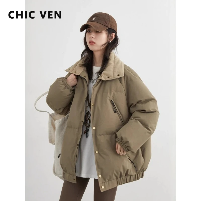 

CHIC VEN модные женские пуховики с длинным рукавом однотонные ретро свободные повседневные контрастные 90 белый пуховик осень-зима 2025
