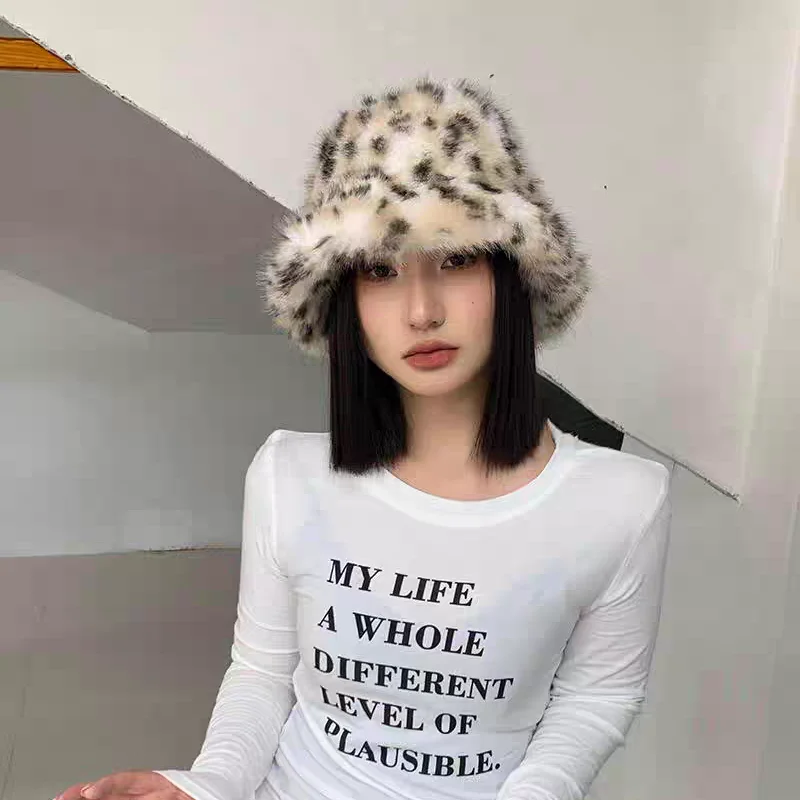 

Korean Plush Leopard Bucket Hats Women Fisherman Beanie Hat Thick Plush Warm Cap Fashion Furry Panama Fisherman Cap Gifts