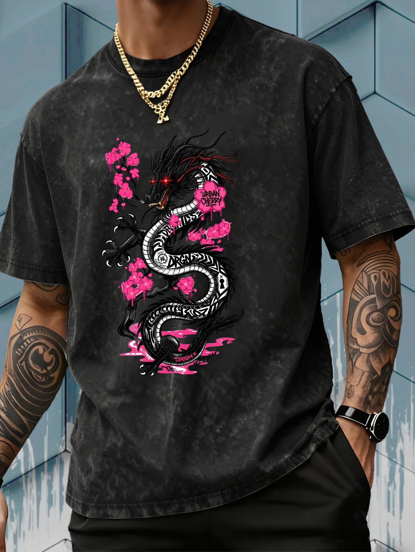 Acid Wash Vintage Graphic T Shirt - Мужская футболка с принтом черного цветка