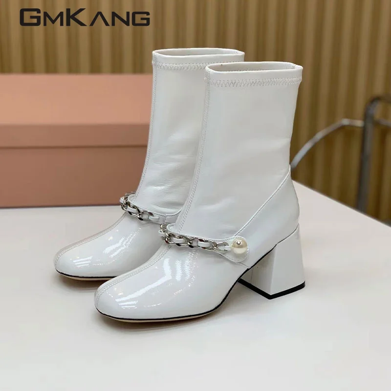 

Pearl Decor Sweet Leather Boots For Women Patchwork High Heel Shoes Woman Spring Autumn 2023 Luxury Designer Chelsea Botas Mujer