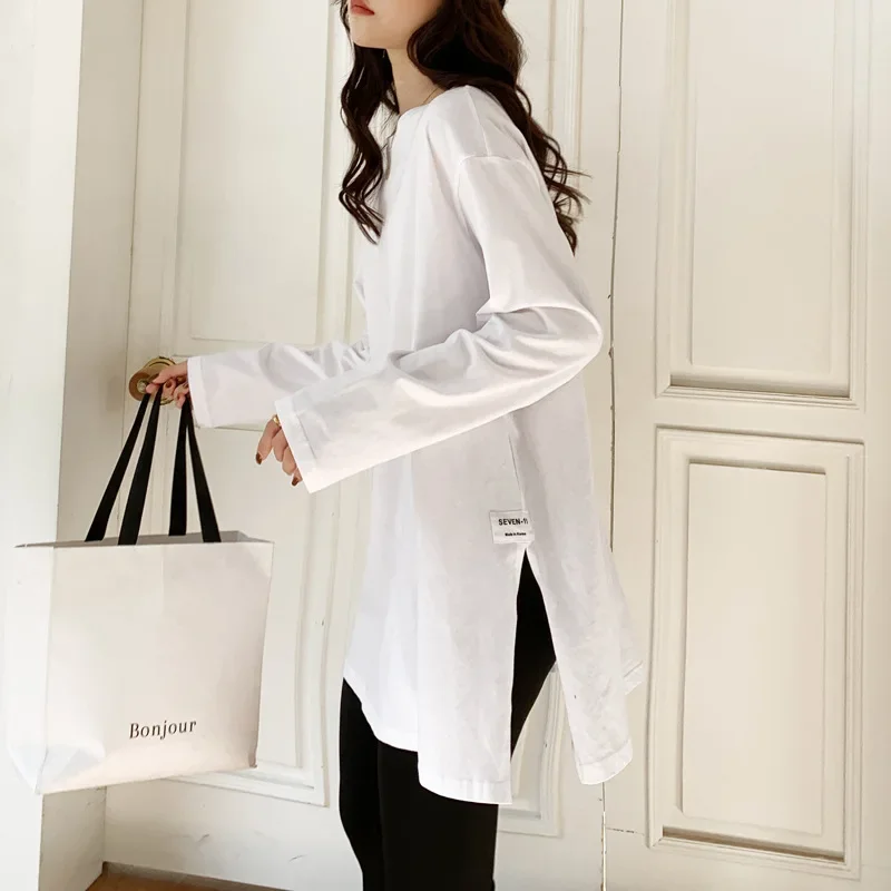 White Split Bottom ShirtvWomen's Plush Autumn Winter Dress Loose Interior Design Long Sleeve T-shirt