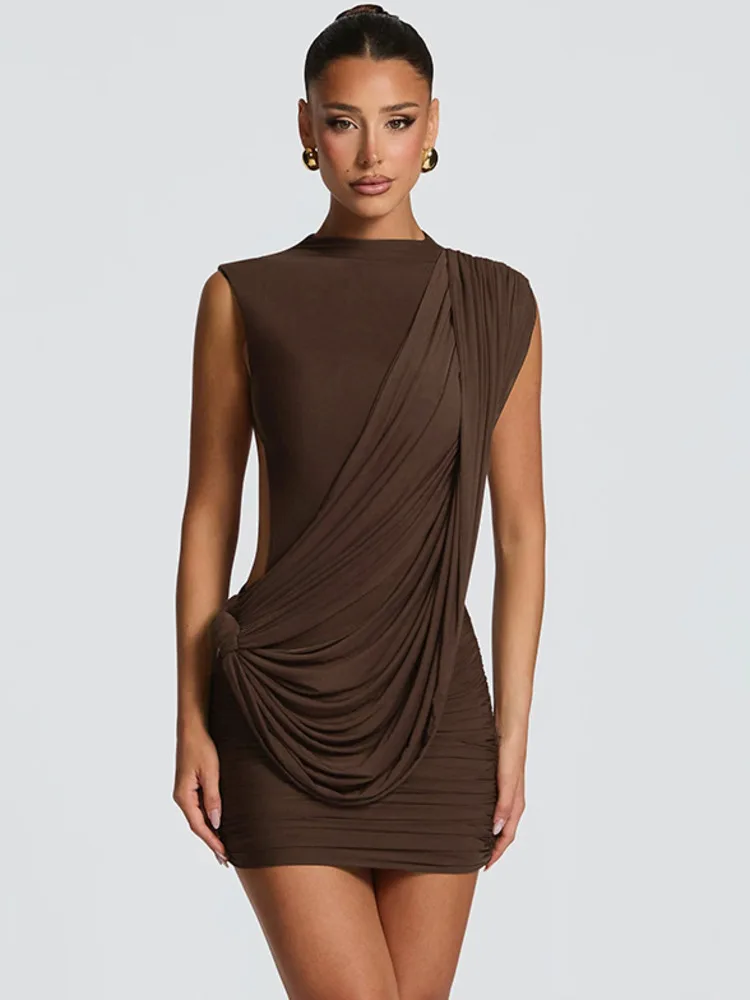 Blifanbo Women Backless Sexy Mini Dress Summer Gown Elegant Asymmetrical Ribbon Sleeveless Slim Fit Roun Neck Club Party Dress