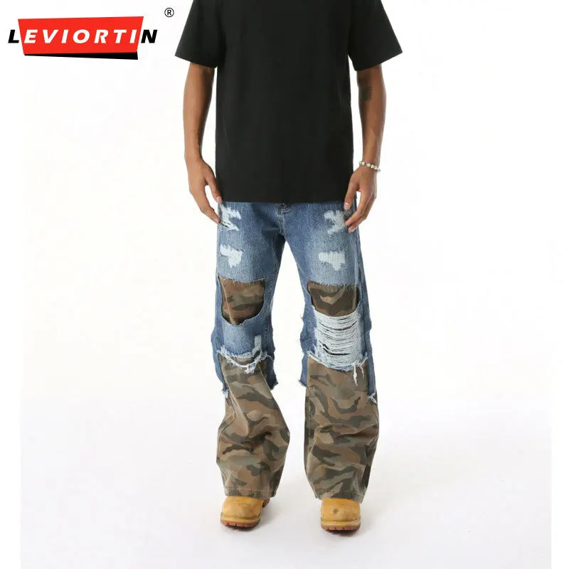 American street style, niche camouflage, perforated splicing, contrasting color design, fashionable, simple, loose casual jeans