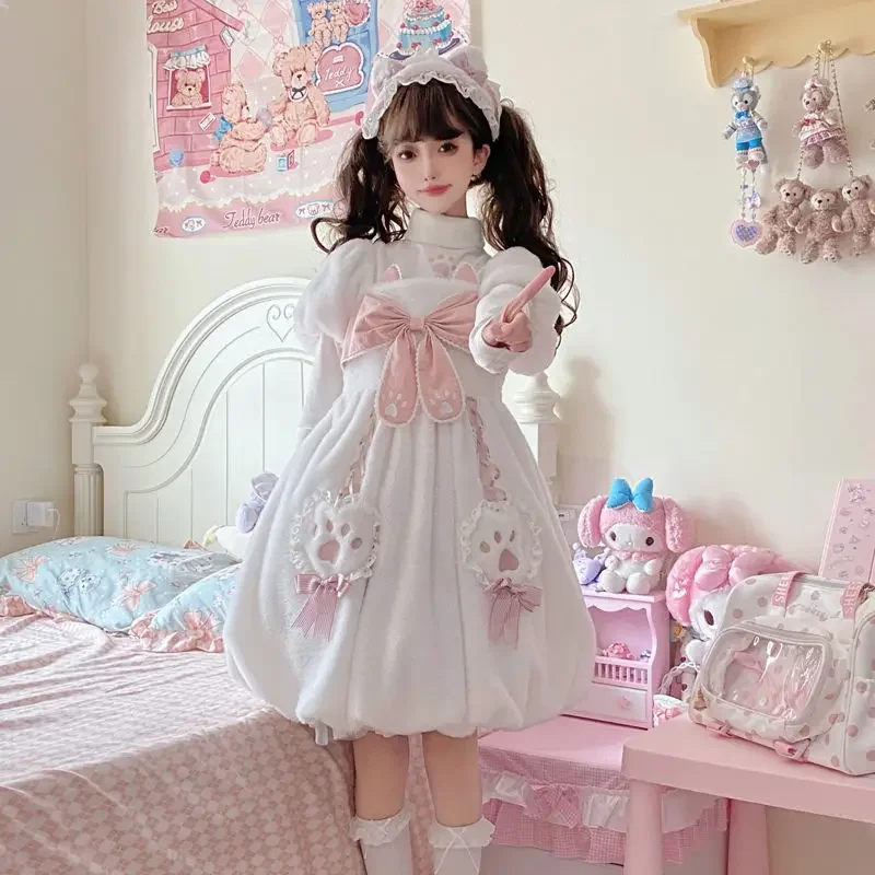 

CON Autumn Winter Plush Lolita Dress Thickened Warm OP Short Sleeve Dress Women Square Neck Bow Kawaii Cat Princess Mini Dress