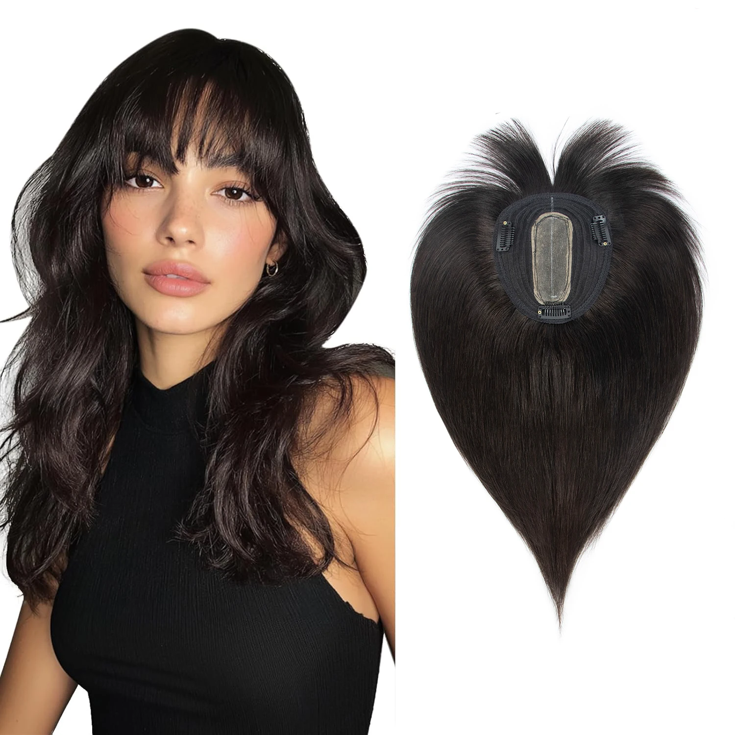 

BOYMIA Human Hair Toppers for Women Real Human Hair with Bangs Thin 12*13CM Base with Lace Clip in Straight Remy Hairpieces