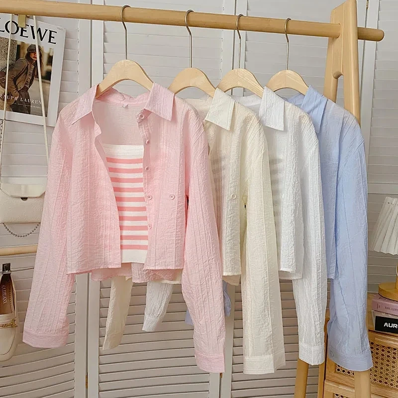 Summer Korean Thin Long Sleeved Top for Women Sun Protection Clothing Short Cardigan Loose Versatile Single Breasted Shirts