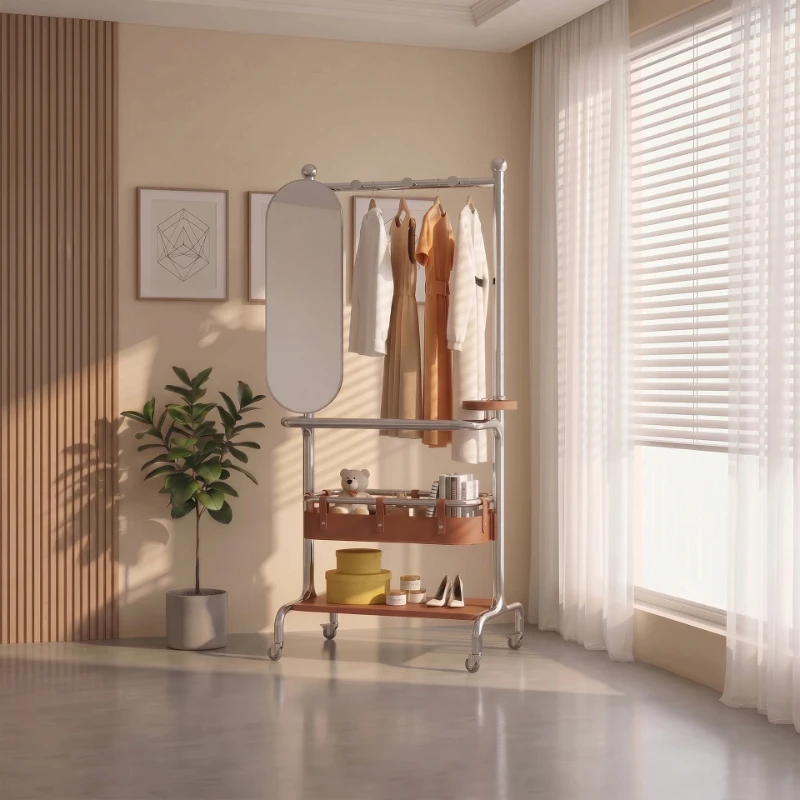 Movable coat rack Floor-to-ceiling bedroom full-length mirror hanger Integrated storage rack Double-layer shelf Rotatable mirror